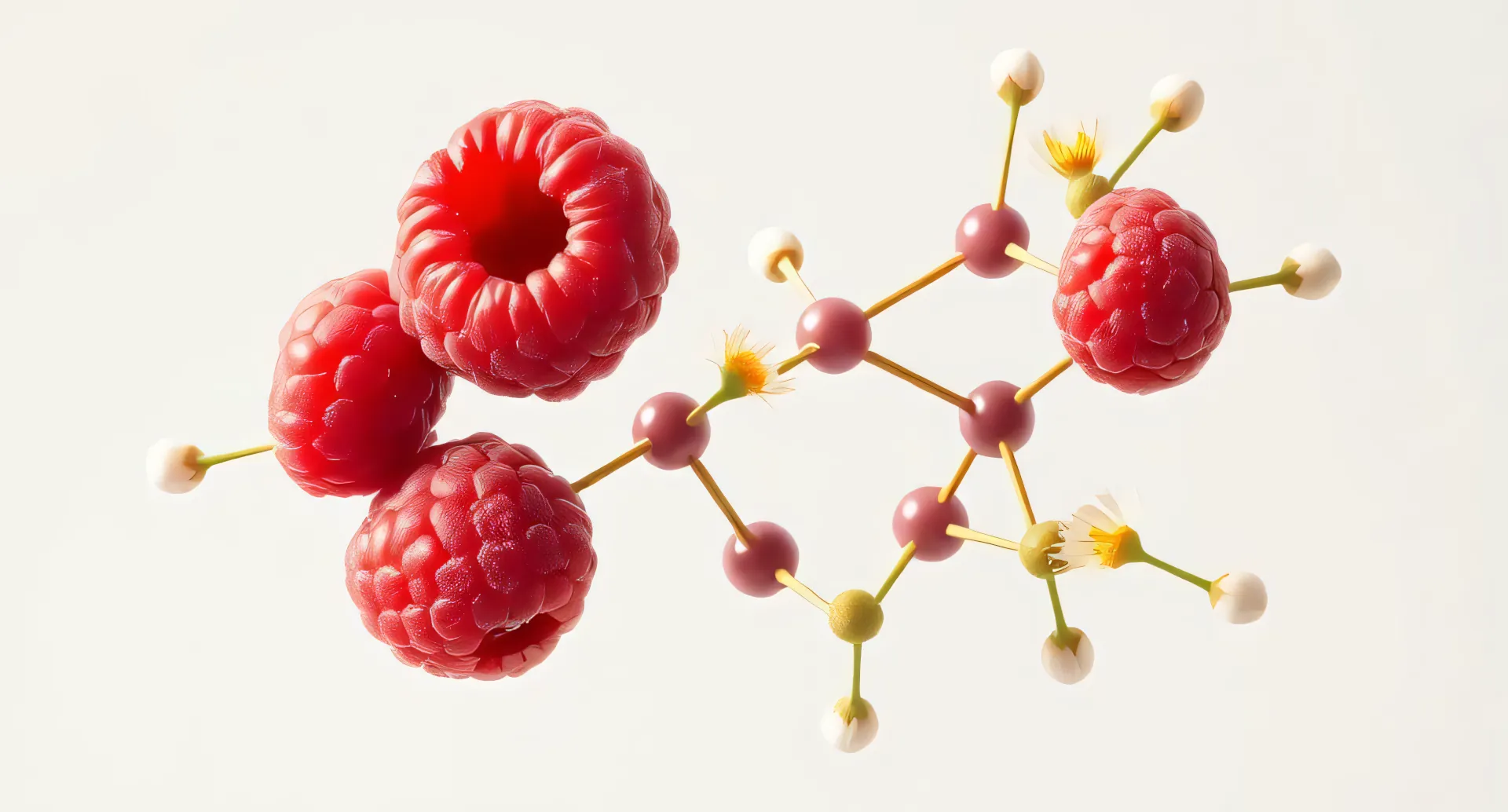 Decorative illustration of raspberries and feverfew arranged in a molecular structure