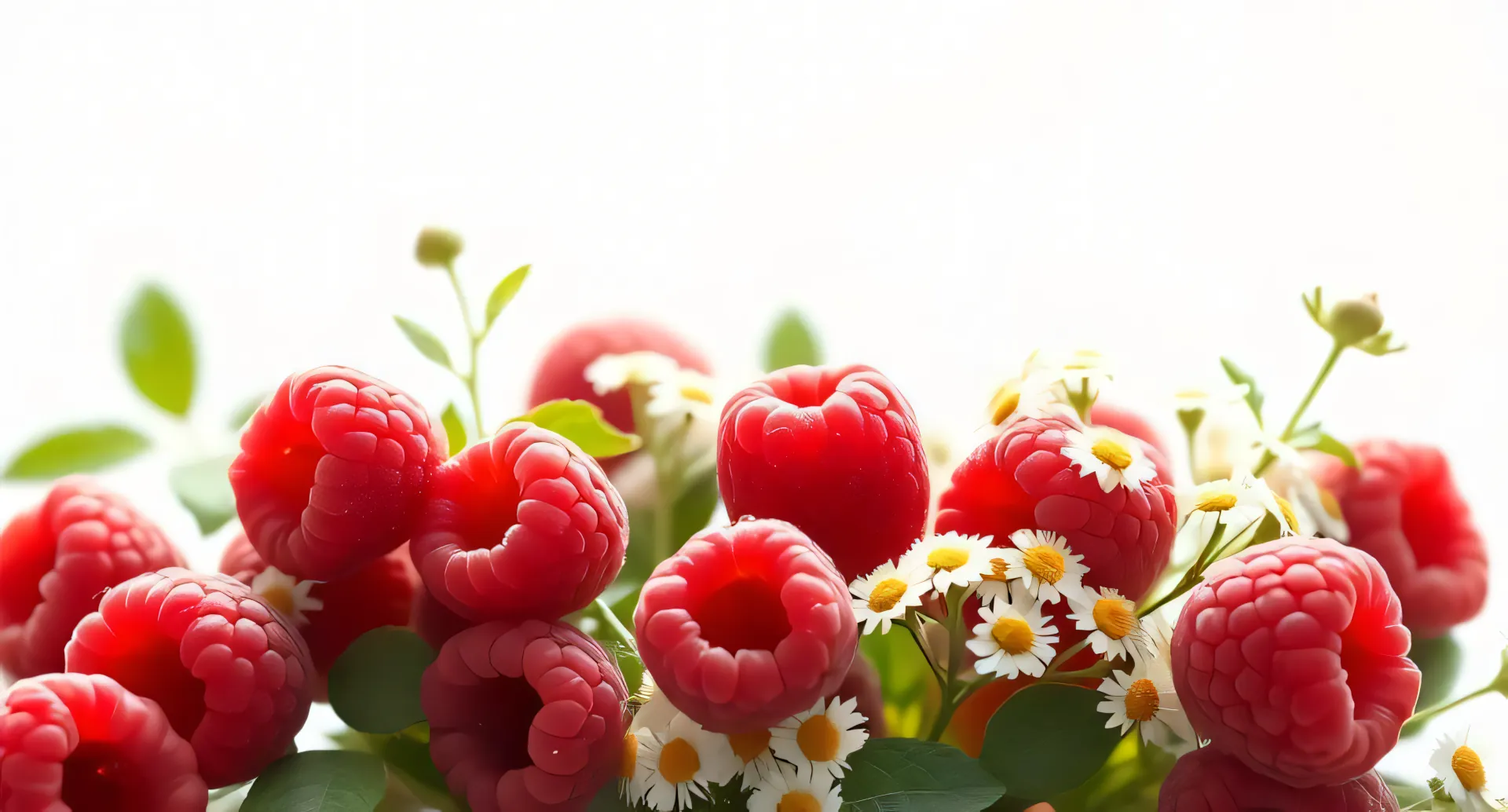 A vibrant decorative background featuring fresh raspberries and the delicate white blooms of feverfew.